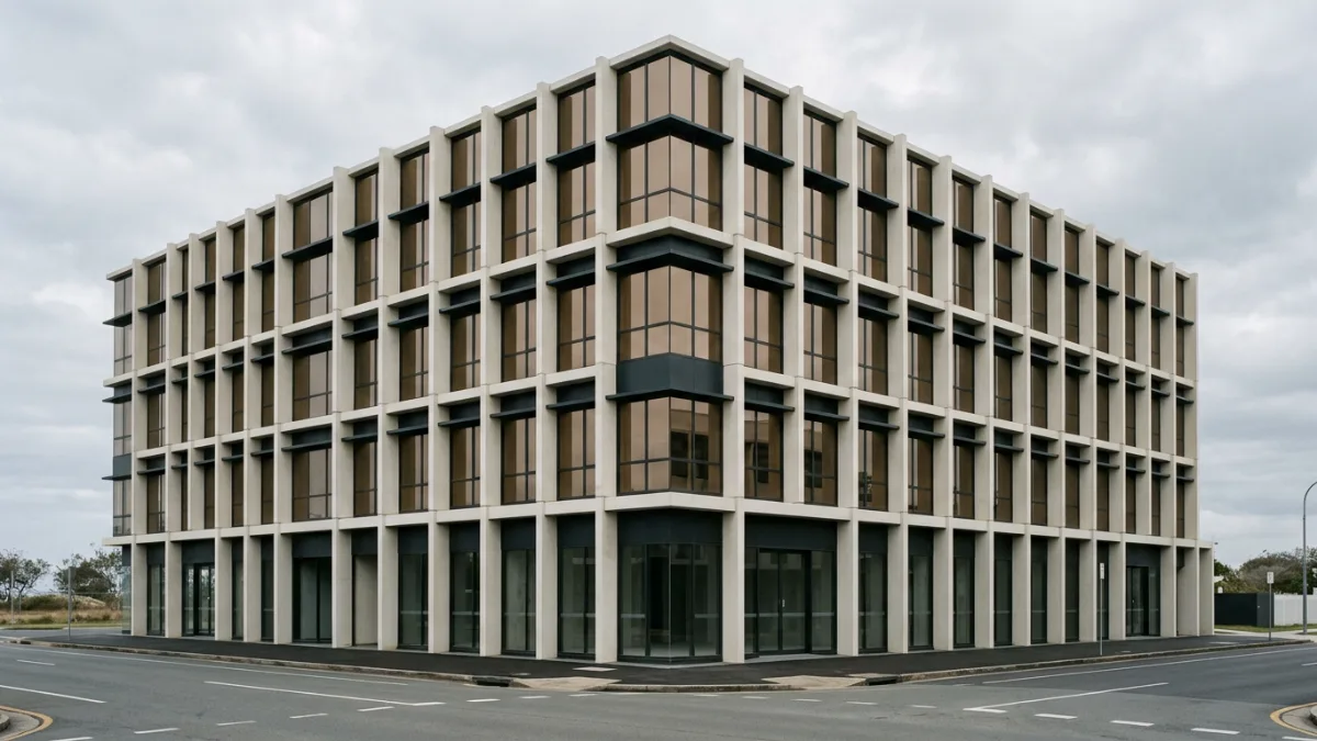 Mid-rise Gold Coast commercial office and retail building with a geometric glazing grid