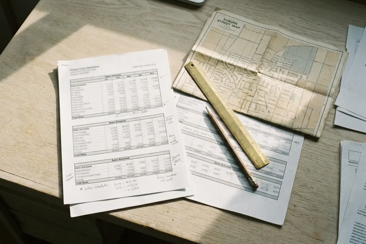 Printed comparable sales schedules and a suburb street map used to analyse Gold Coast property values