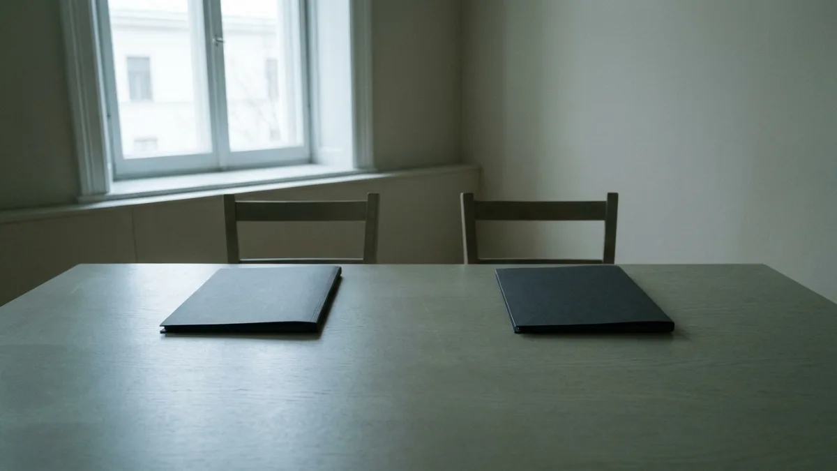 Two matching document folders set symmetrically on a meeting table, representing an independent family law valuation