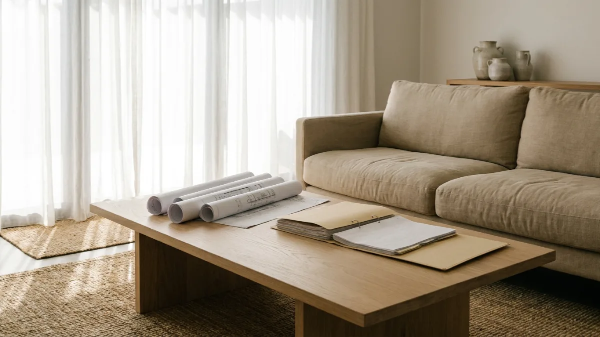 Tidy living room with rolled building plans and council approvals laid out for a valuation inspection