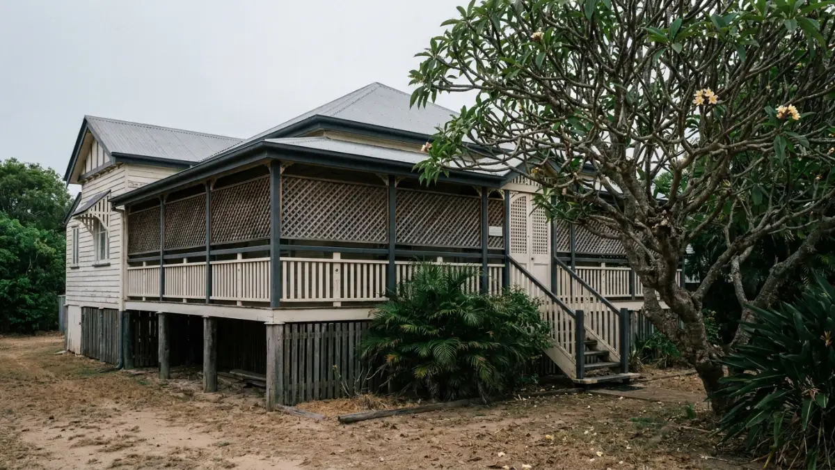 Verandah of a traditional raised Queenslander home in soft morning light, typical of a deceased estate valuation