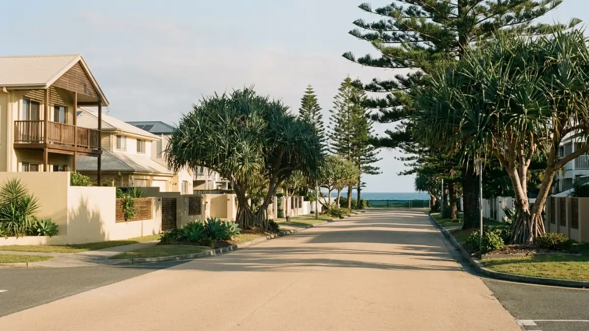 Quiet beachside residential street near Currumbin Waters, Gold Coast, with an ocean glimpse at the end of the road