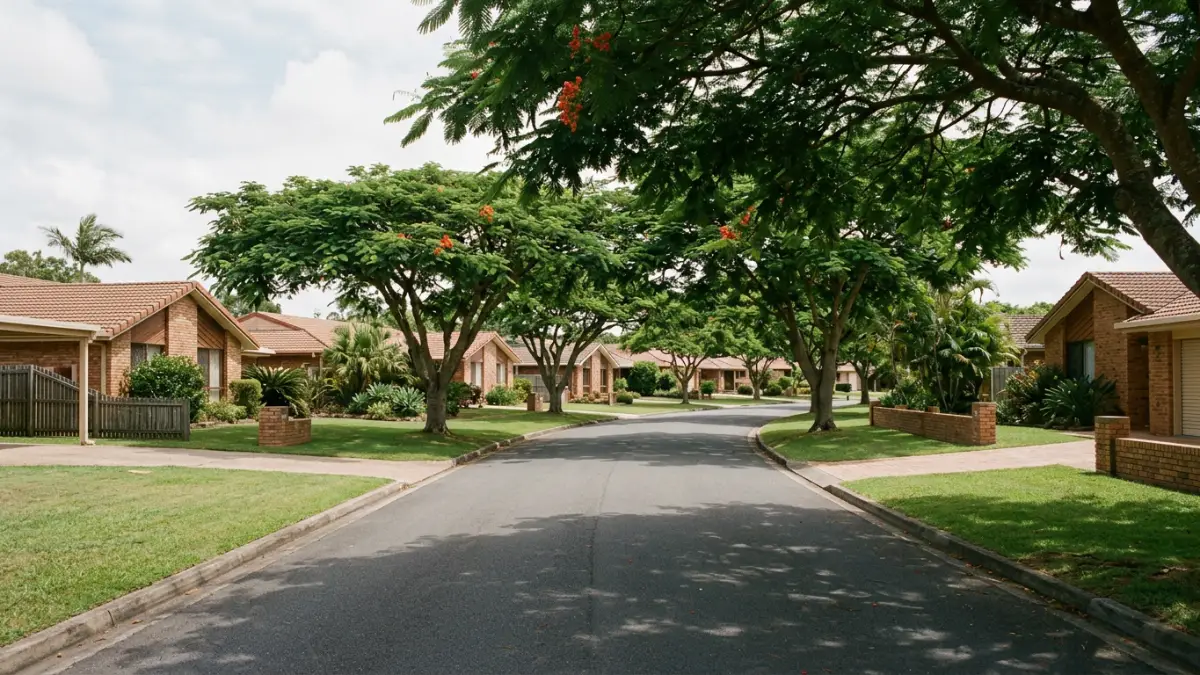 Established leafy street of brick and tile family homes, typical of Molendinar on the Gold Coast