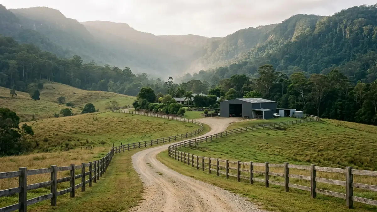 Gold Coast hinterland acreage near Guanaba with post-and-rail fencing and forested ranges behind