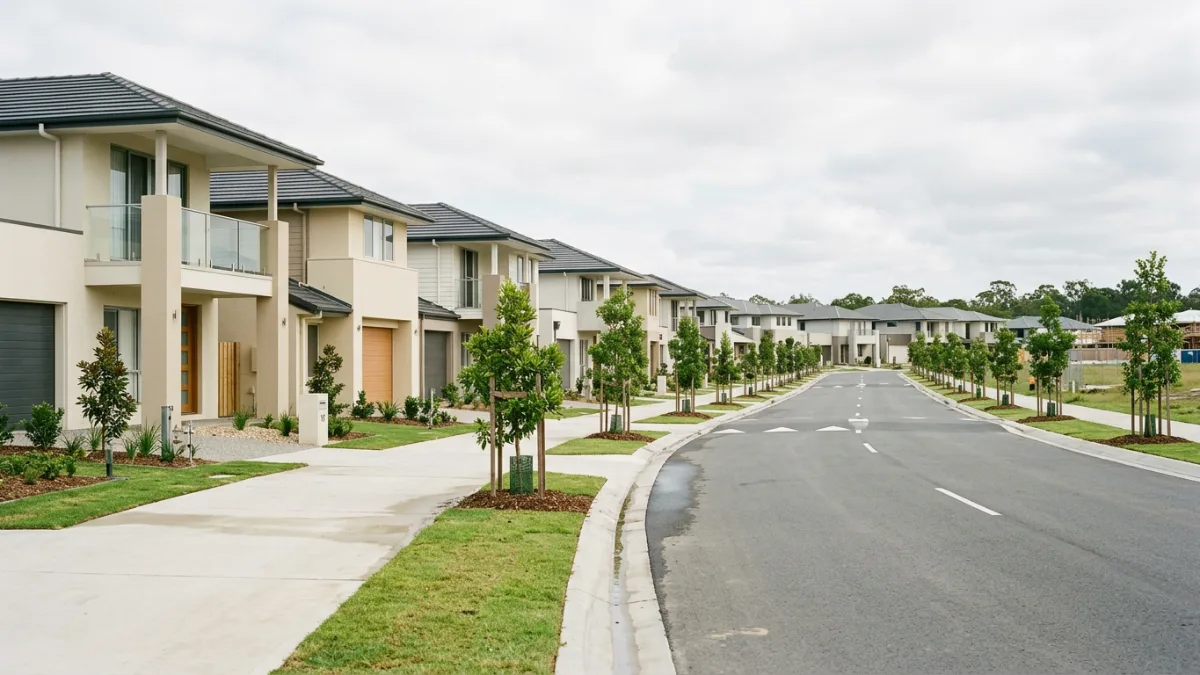 Newly completed master-planned estate street in the northern Gold Coast corridor near Coomera