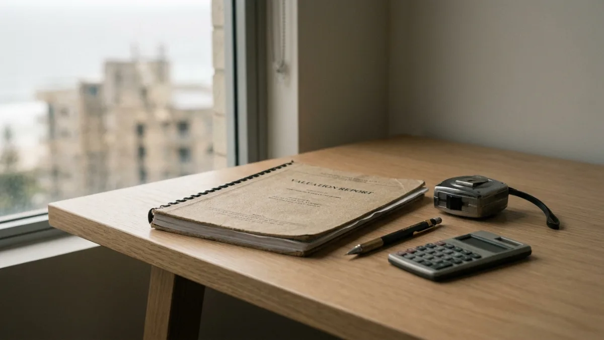 Bound property valuation report, steel tape measure and calculator on a Gold Coast valuer's desk
