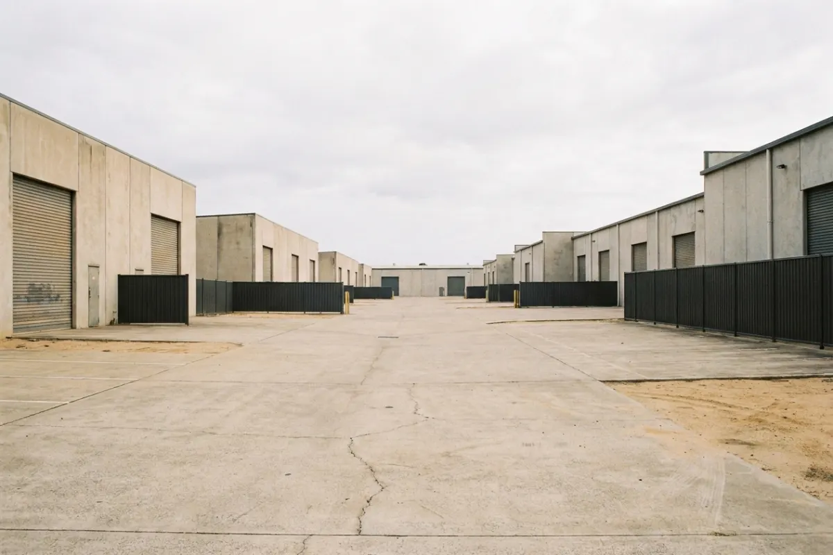 Gold Coast industrial warehouse precinct with tilt-panel units and concrete hardstand